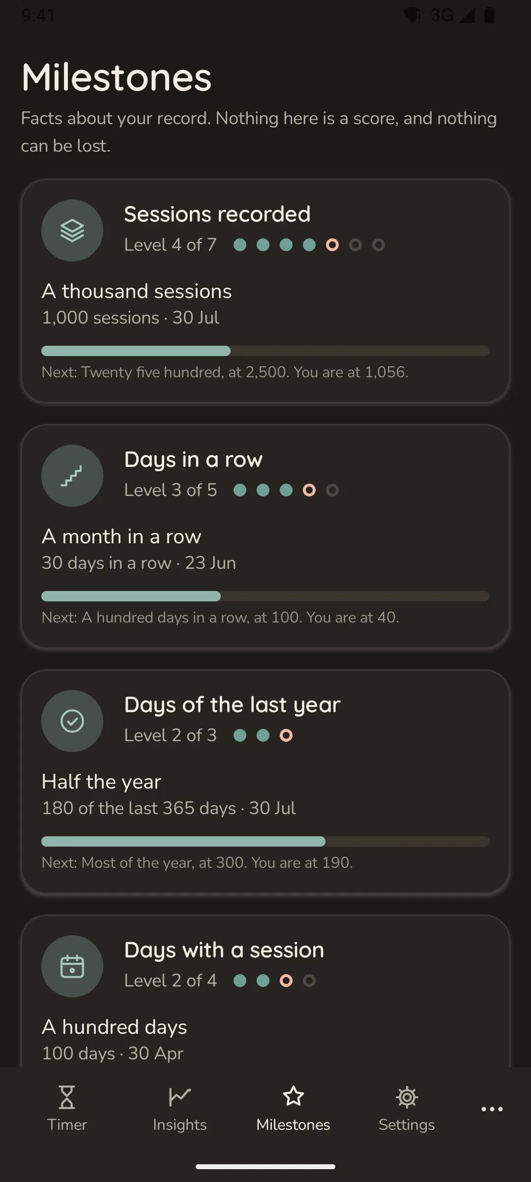 Milestones on Android, in the warm dark theme: Sessions recorded at level 4 of 7 with a thousand sessions reached on 30 July, Days in a row at level 3 of 5, and Days of the last year at level 2 of 3.