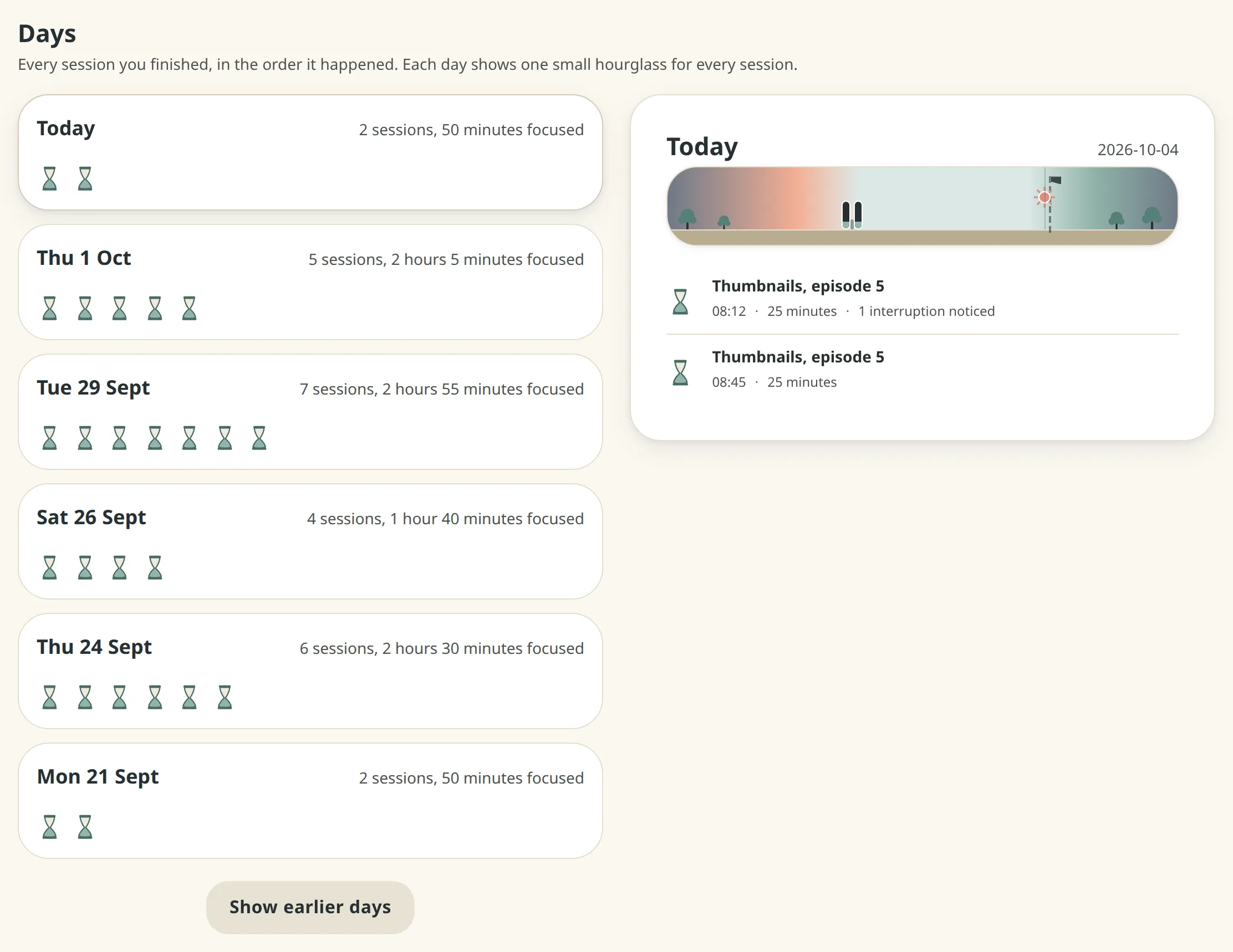 The Days panel in Insights: a list of days, newest first, each with one small hourglass per session that ran, and today opened beside it as a day strip, with its two sessions listed with their times, their length and the interruption noticed.