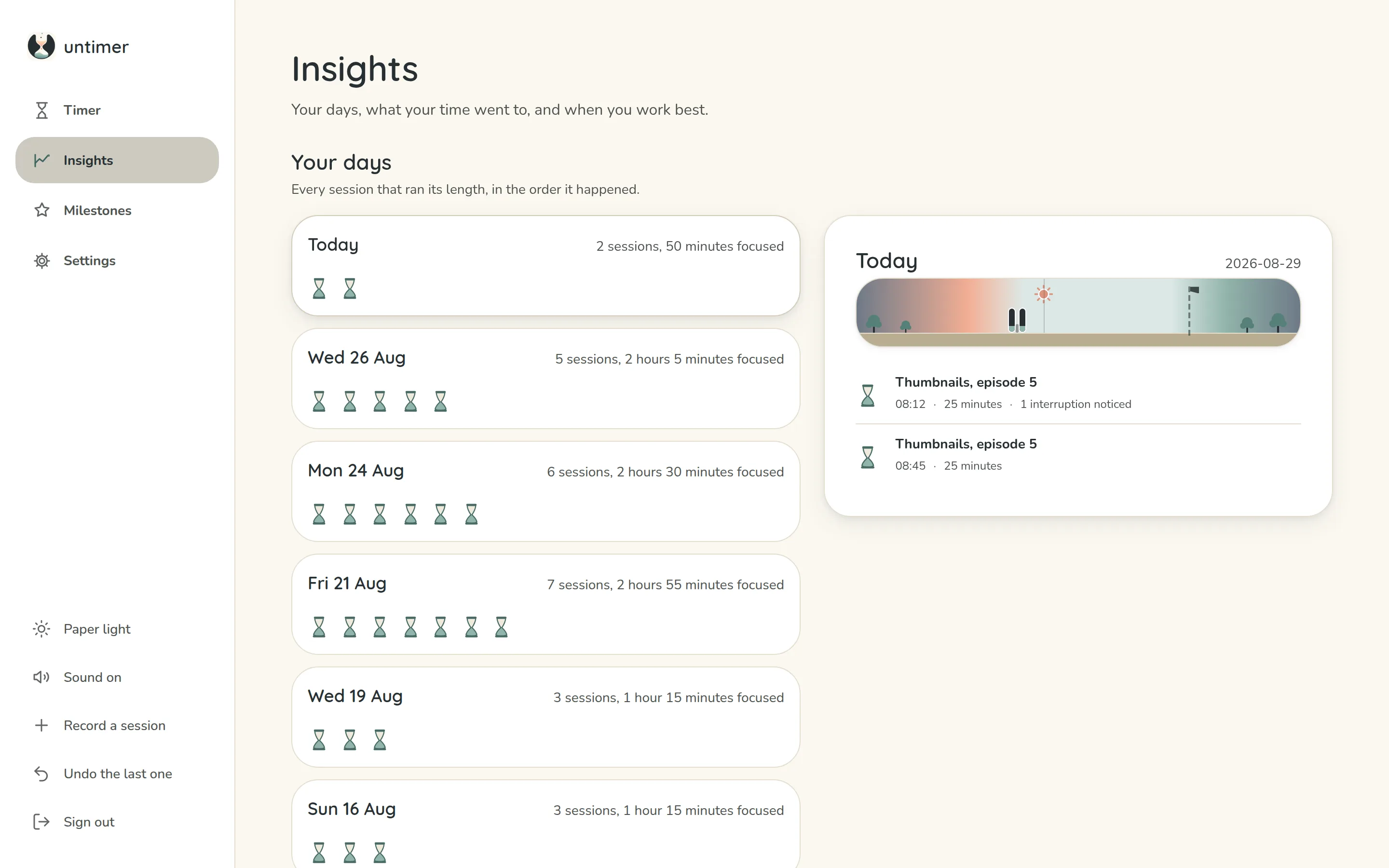 The Insights screen: Your days as a list of day cards with one small hourglass per session, today's day opened beside it with the day drawn as a day and its two sessions listed with their times.