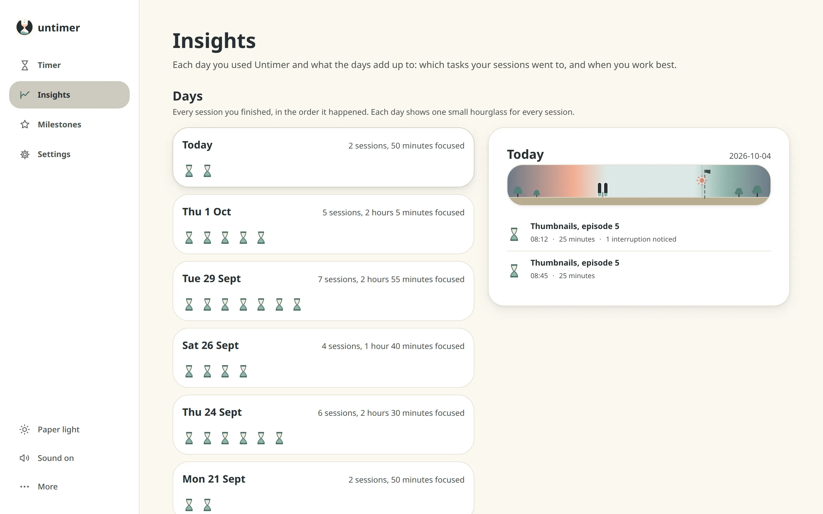 The Insights screen with Days as a list of days and today opened beside it as a day strip.