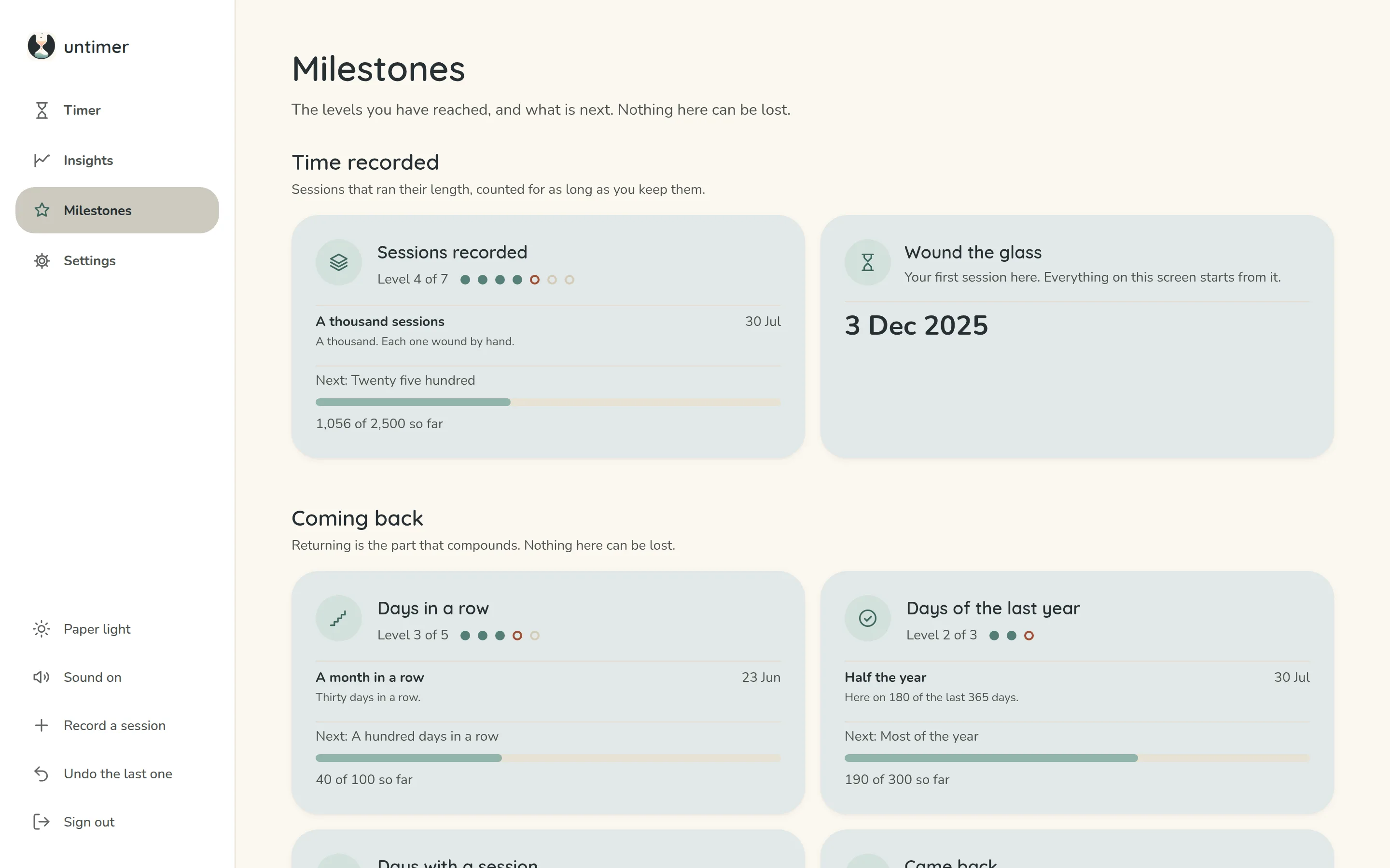 The Milestones screen: Time recorded with Sessions recorded at level 4 of 7 and Wound the glass on 3 December 2025, then Coming back with Days in a row at level 3 of 5 and Days of the last year at level 2 of 3.
