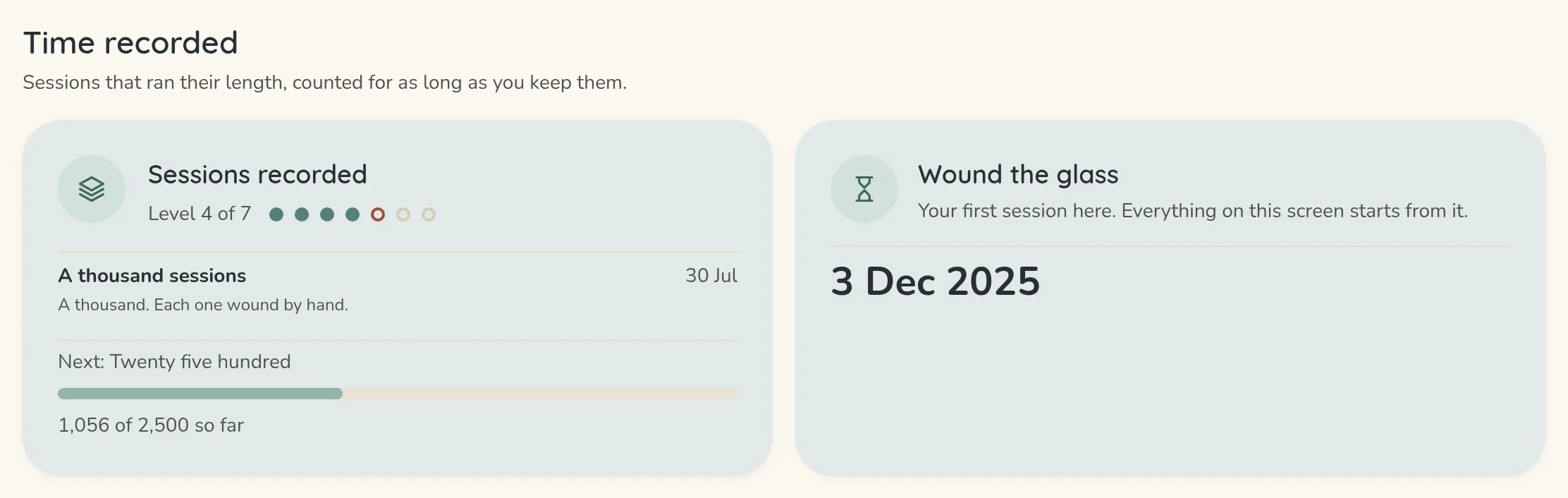 The Time recorded group on the Milestones screen: Sessions recorded at level 4 of 7, a thousand sessions reached on 30 July, next twenty five hundred, 1,056 of 2,500 so far; and Wound the glass, the first session here, on 3 December 2025.