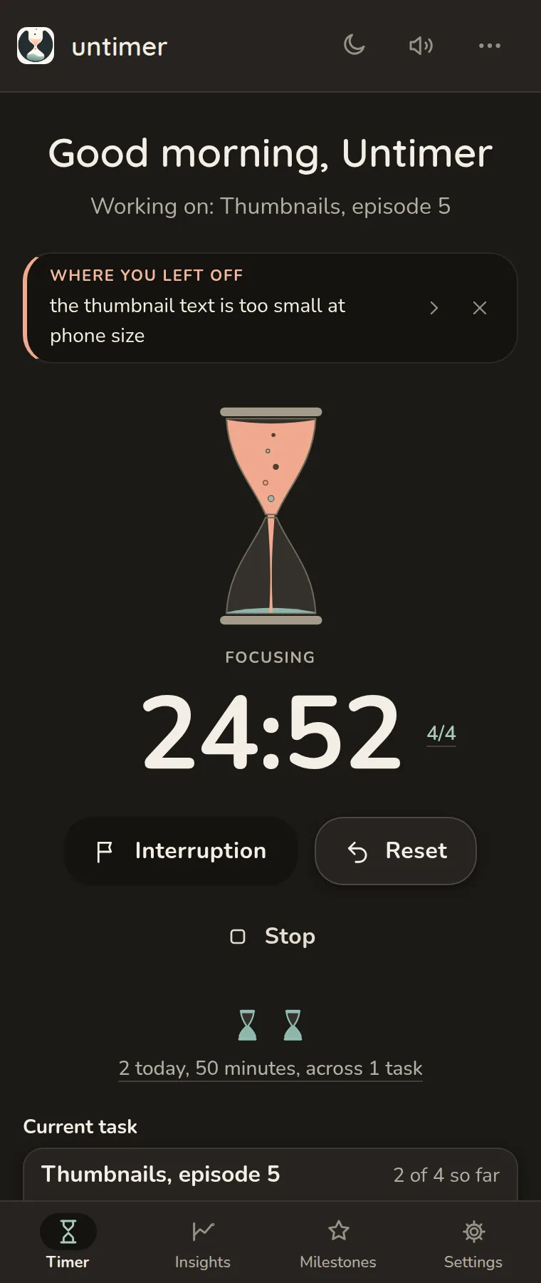 The same wide screen in the warm dark theme, the document and the timer both dark.
