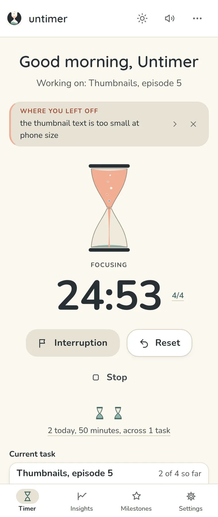 A wide screen in paper light: a document window with a draft in it takes most of the width, and Untimer stands in a narrow window at the right edge with a session running, the glass pouring, 24:51, the controls, today's two sessions, the current task and the day drawn along the bottom.